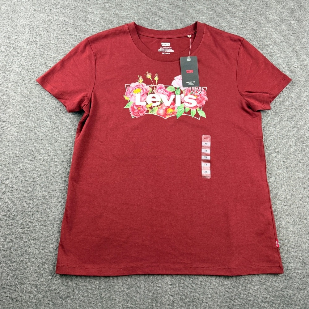 Levi's Perfect Tee Women's XS‎ Burgundy Red Floral Graphic Logo T-Shirt NWT